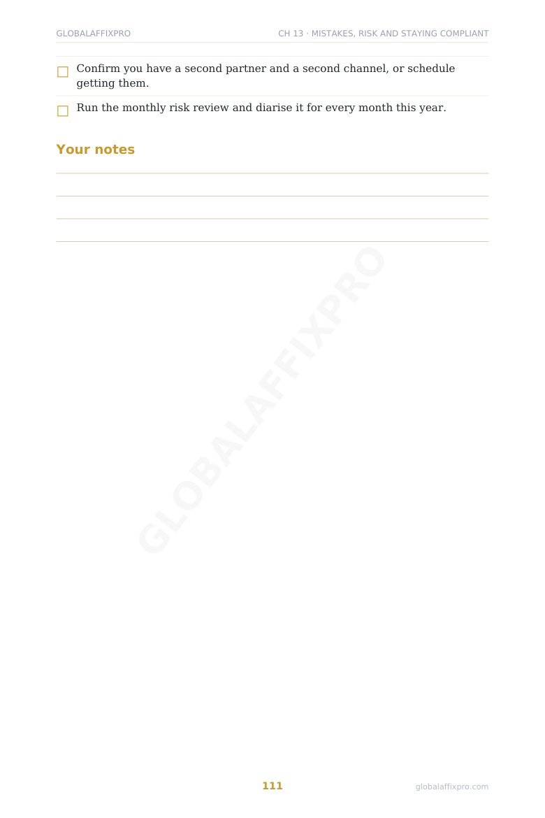 Sample page from the scaling chapter of Pay Per Call Mastery showing systems and daily operating checklist
